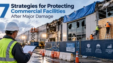 Workers protecting and securing a damaged commercial facility after major property damage.