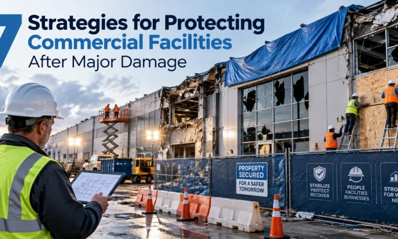 Workers protecting and securing a damaged commercial facility after major property damage.