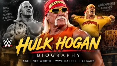 Hulk Hogan biography featured image showing WWE legend’s wrestling career, Hulkamania era, achievements, and legacy