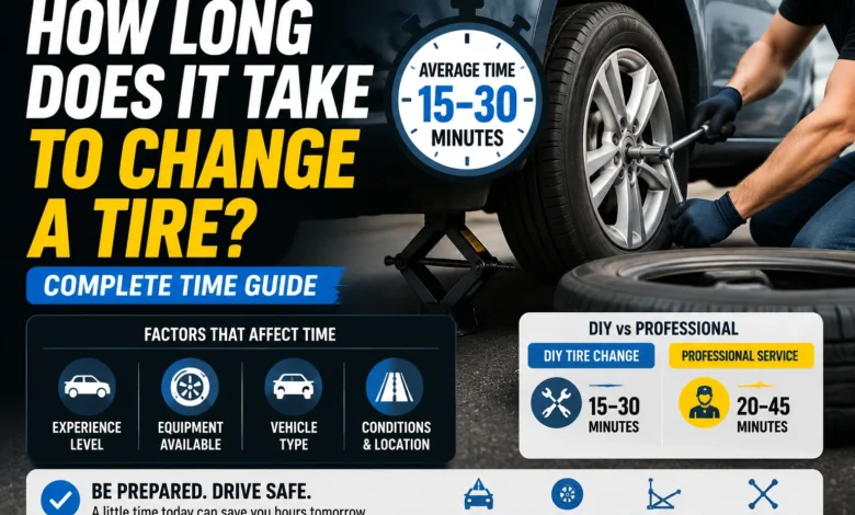 How long does it take to change a tire guide showing car tire replacement time, tools, and safety tips