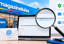 Magazine Luiza email format verification with laptop, email address pattern, and safe contact guide