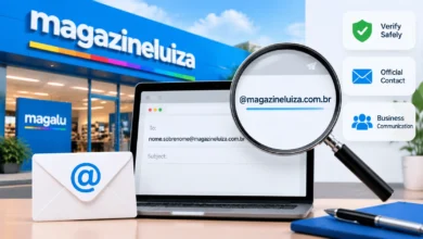Magazine Luiza email format verification with laptop, email address pattern, and safe contact guide