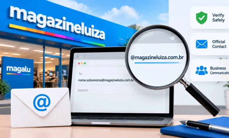 Magazine Luiza email format verification with laptop, email address pattern, and safe contact guide