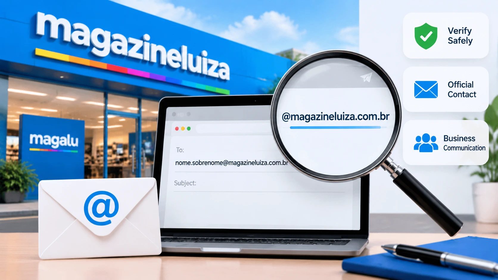 Magazine Luiza email format verification with laptop, email address pattern, and safe contact guide
