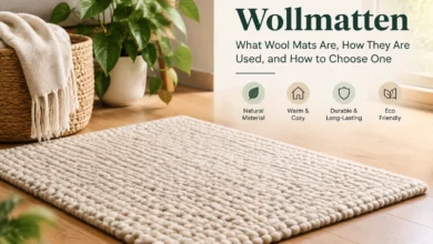 Modern living room with a soft ivory Wollmatten wool mat on wooden flooring, showing a natural, cozy, and eco-friendly home decor style.