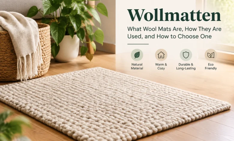 Modern living room with a soft ivory Wollmatten wool mat on wooden flooring, showing a natural, cozy, and eco-friendly home decor style.