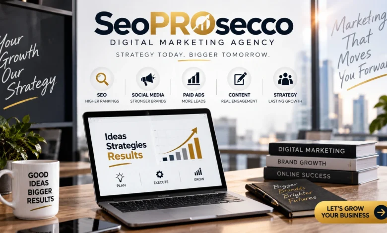 SeoPROsecco digital marketing agency feature image showing SEO, social media, paid ads, content, and growth strategy services.