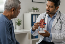 Doctor holding a kidney health illustration showing specialized nephrology care, kidney disease awareness, and medical support.