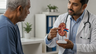 Doctor holding a kidney health illustration showing specialized nephrology care, kidney disease awareness, and medical support.