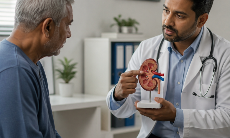 Doctor holding a kidney health illustration showing specialized nephrology care, kidney disease awareness, and medical support.