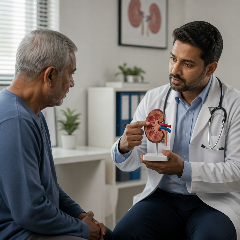 Doctor holding a kidney health illustration showing specialized nephrology care, kidney disease awareness, and medical support.
