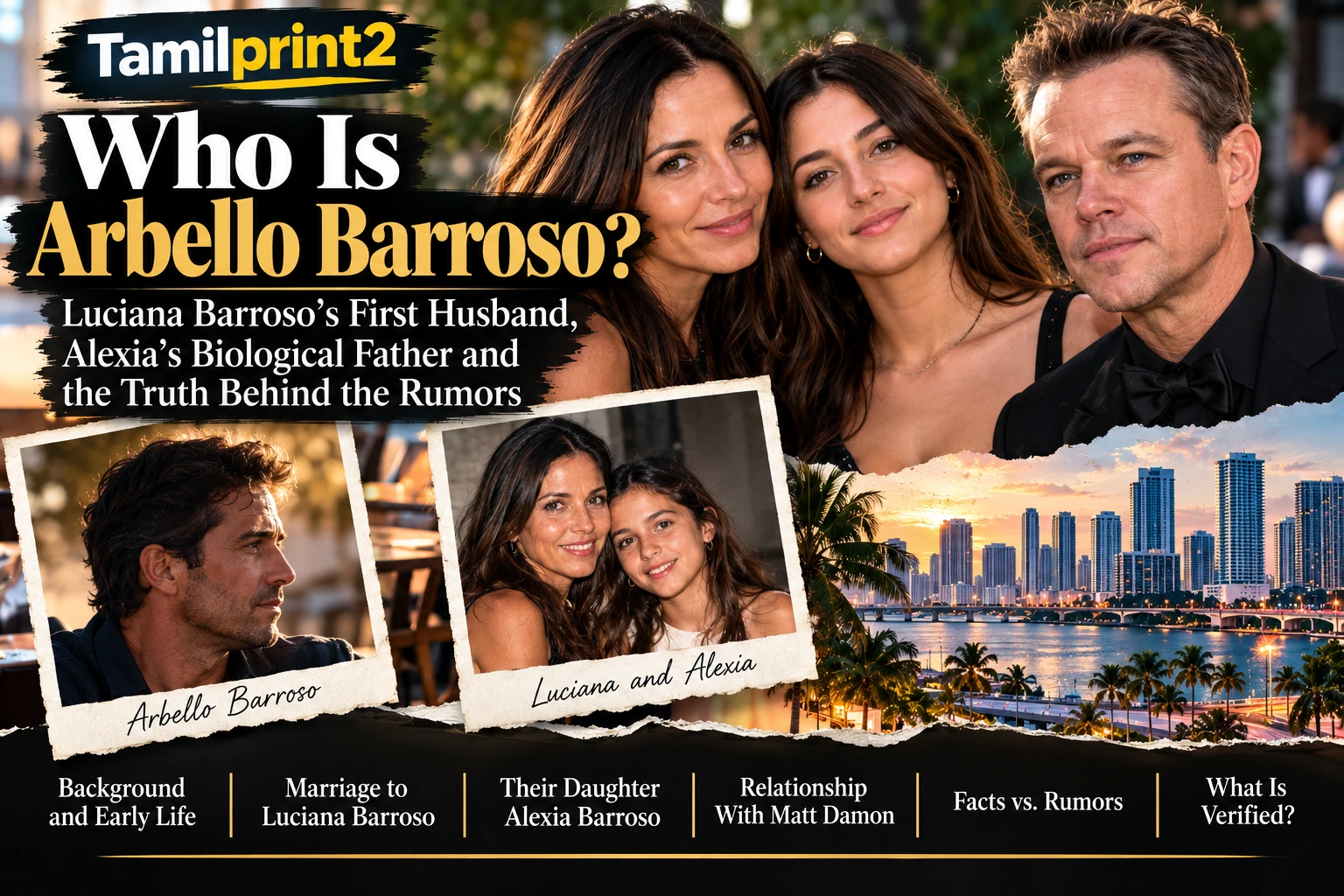 Arbello Barroso feature image with Luciana Barroso, Alexia Barroso, Matt Damon, and text about his family background, marriage, and verified facts.