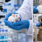 Animal testing pictures illustration showing a white laboratory mouse, rabbit, beagle dog, and monkey in scientific research settings.