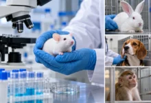 Animal testing pictures illustration showing a white laboratory mouse, rabbit, beagle dog, and monkey in scientific research settings.