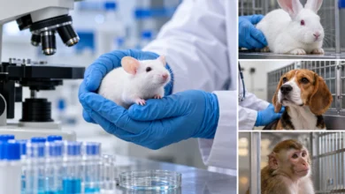 Animal testing pictures illustration showing a white laboratory mouse, rabbit, beagle dog, and monkey in scientific research settings.
