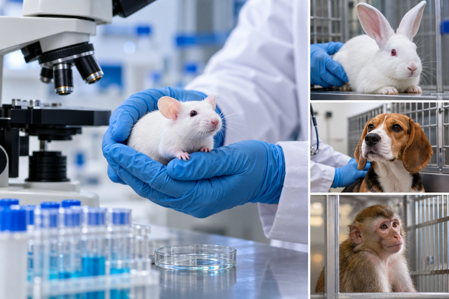Animal testing pictures illustration showing a white laboratory mouse, rabbit, beagle dog, and monkey in scientific research settings.