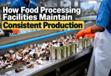 Food processing facility production line with workers, raw ingredients, cans, and industrial equipment maintaining consistent production.