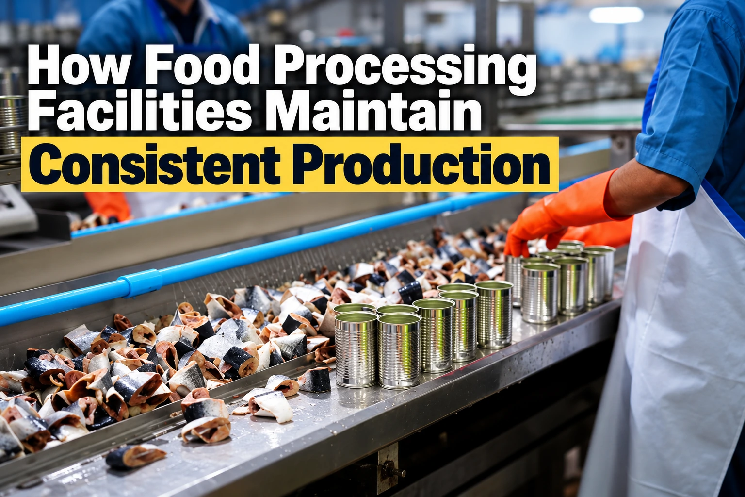 Food processing facility production line with workers, raw ingredients, cans, and industrial equipment maintaining consistent production.