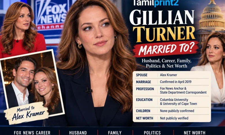 Gillian Turner feature image with husband Alex Kramer, highlighting her Fox News career, marriage, family, politics, and net worth facts.