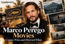 Marco Perego at Cannes with film posters highlighting his directed films and 2026 festival-winning productions.