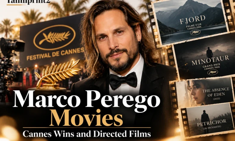 Marco Perego at Cannes with film posters highlighting his directed films and 2026 festival-winning productions.