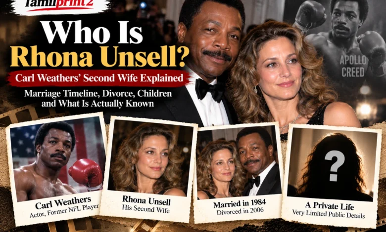 Rhona Unsell feature image with Carl Weathers highlighting their marriage timeline, divorce, private life, and his Apollo Creed legacy.