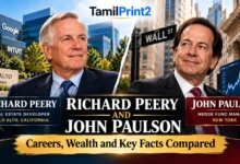 Richard Peery and John Paulson comparison showing Palo Alto real estate, Wall Street hedge fund investing, careers, and wealth facts.