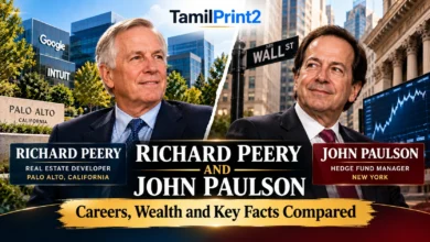 Richard Peery and John Paulson comparison showing Palo Alto real estate, Wall Street hedge fund investing, careers, and wealth facts.