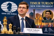 Timur Turlov as new FIDE President with Viswanathan Anand, chess pieces, FIDE branding, and Samarkand 2026 election setting.