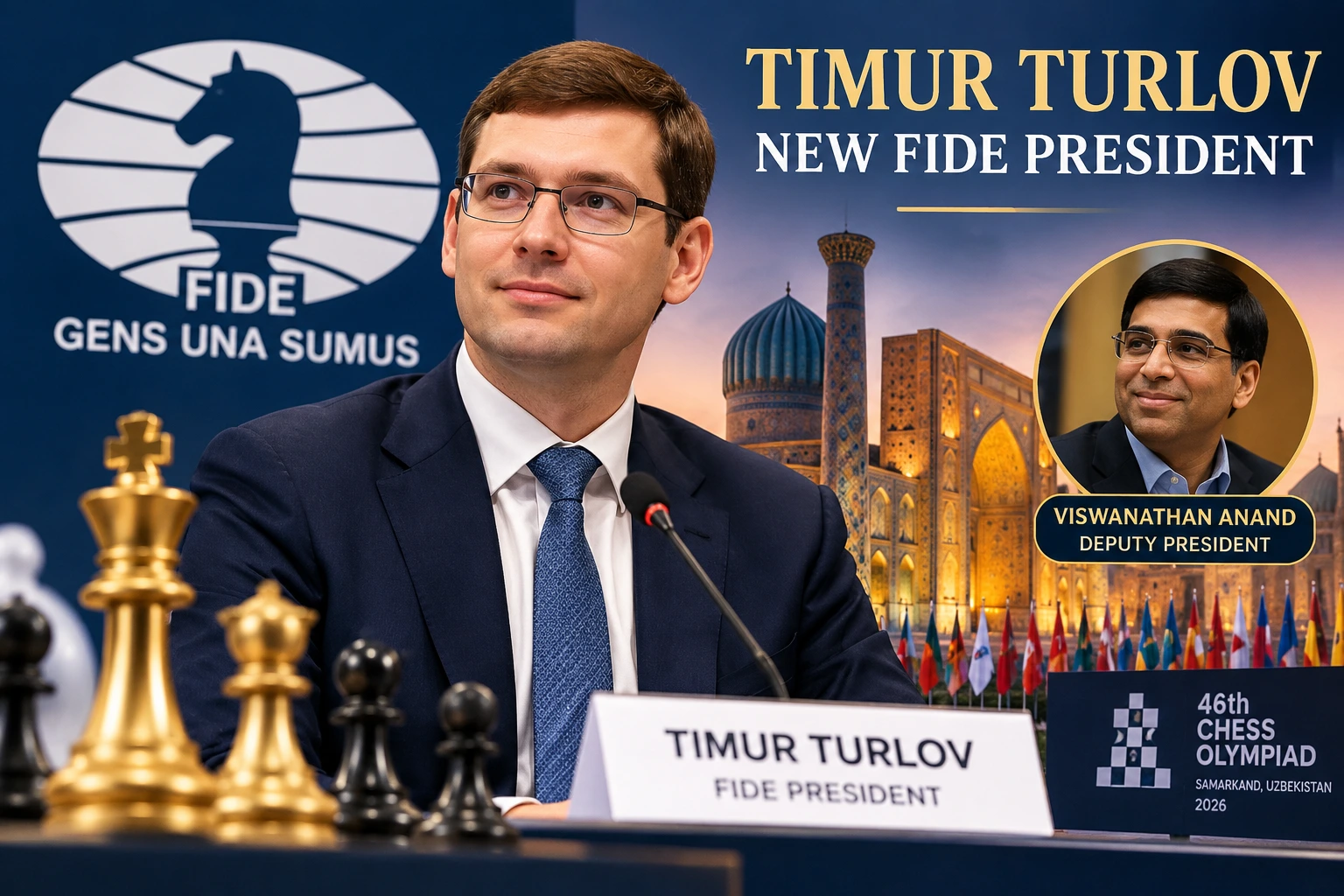 Timur Turlov as new FIDE President with Viswanathan Anand, chess pieces, FIDE branding, and Samarkand 2026 election setting.